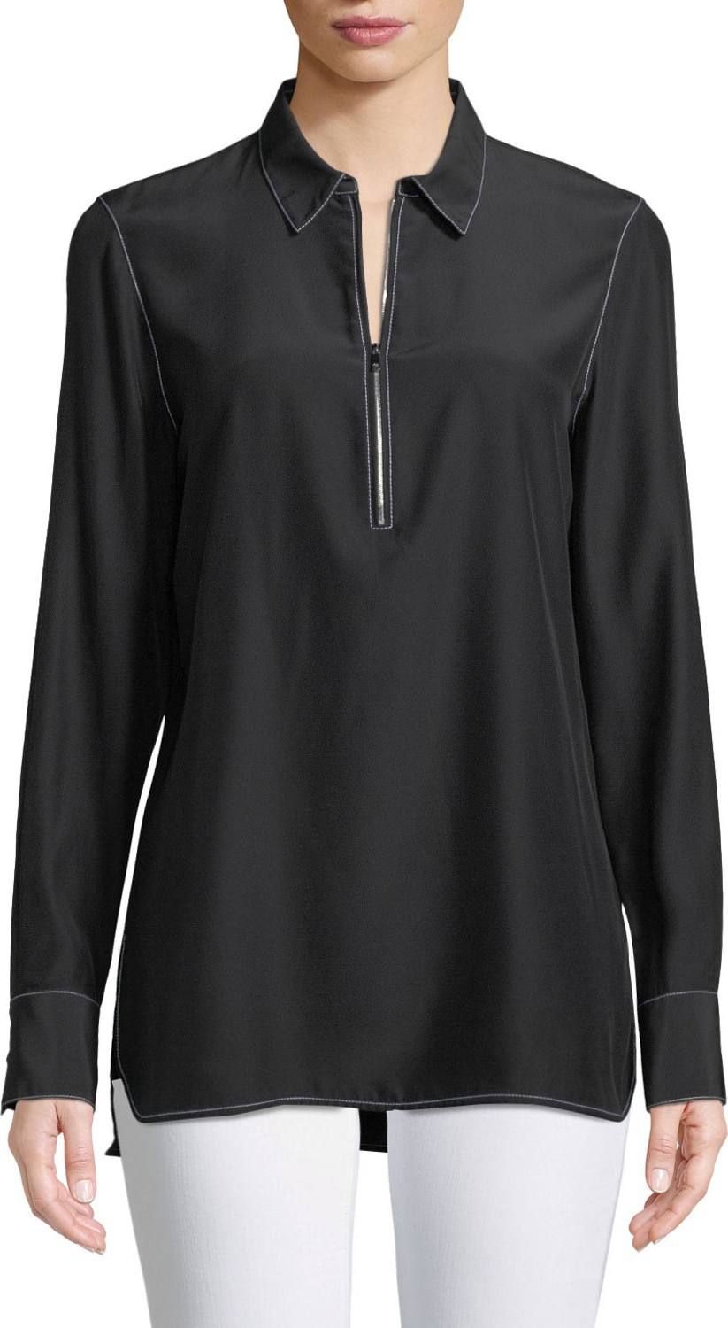 Lafayette 148 New York Berta Matte Silk Blouse with Contrast Stitching