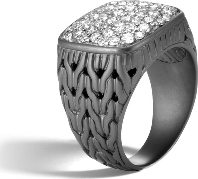 John Hardy Men's Classic Chain Rhodium-Plated Signet Ring with Diamonds