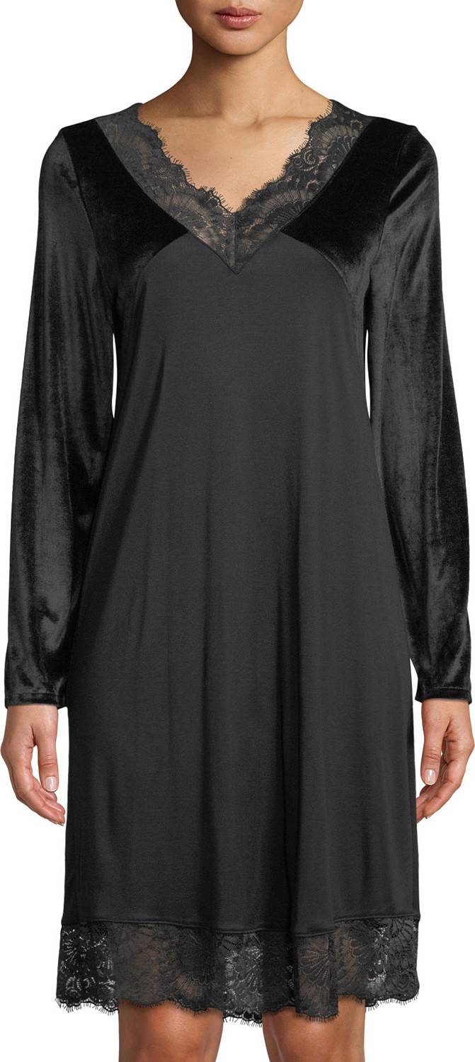 Hanro Long-Sleeve Lace-Trim Nightgown