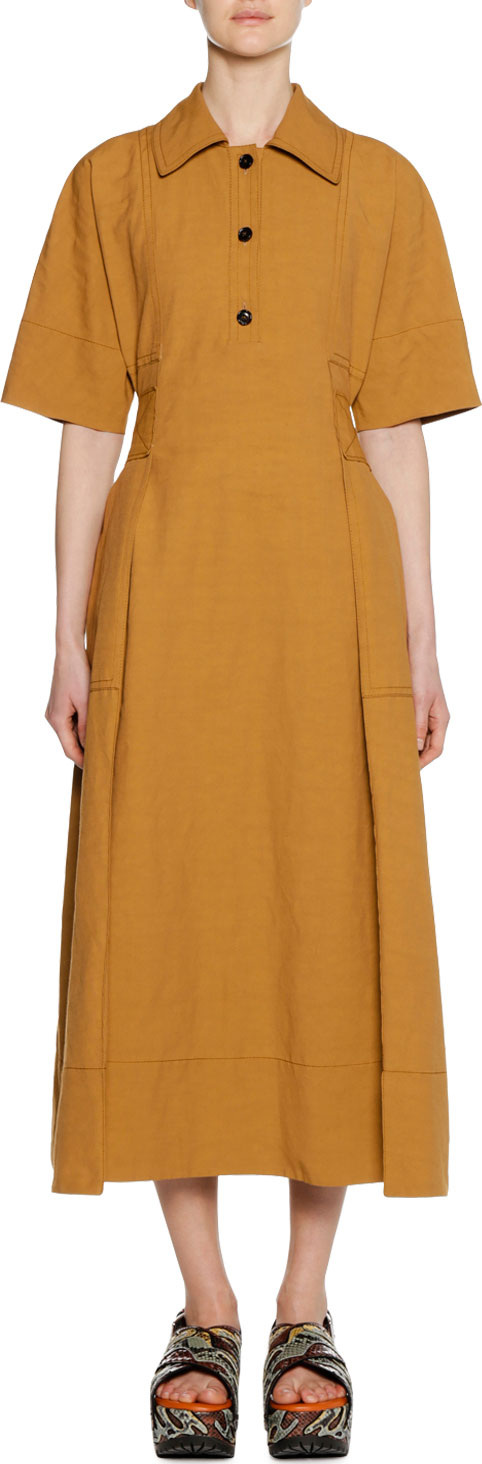 Marni Short-Sleeve 3-Button Self-Belt Ankle-Length Cotton-Linen Dress Marni Short-Sleeve 3-Button Self-Belt Ankle-Length Cotton-Linen Dress