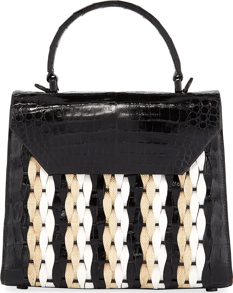 Nancy Gonzalez Lily Medium Woven Straw/Crocodile Top-Handle Bag