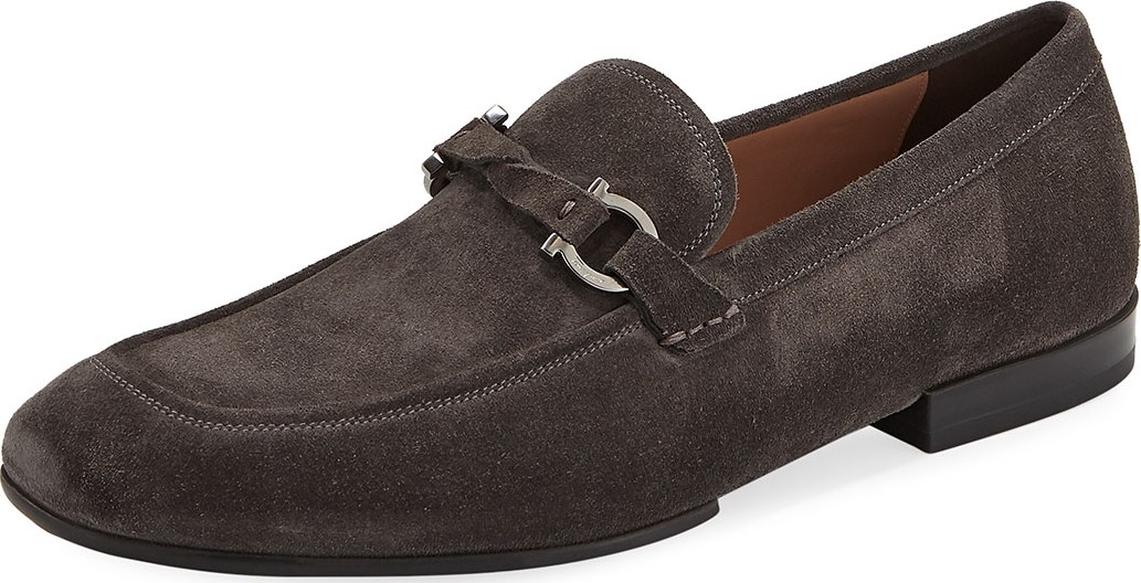 Salvatore Ferragamo Men's Suede Gancini Loafer, Gray