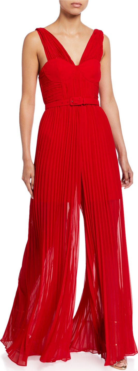 Self Portrait V-Neck Sleeveless Pleated Jumpsuit with Belt