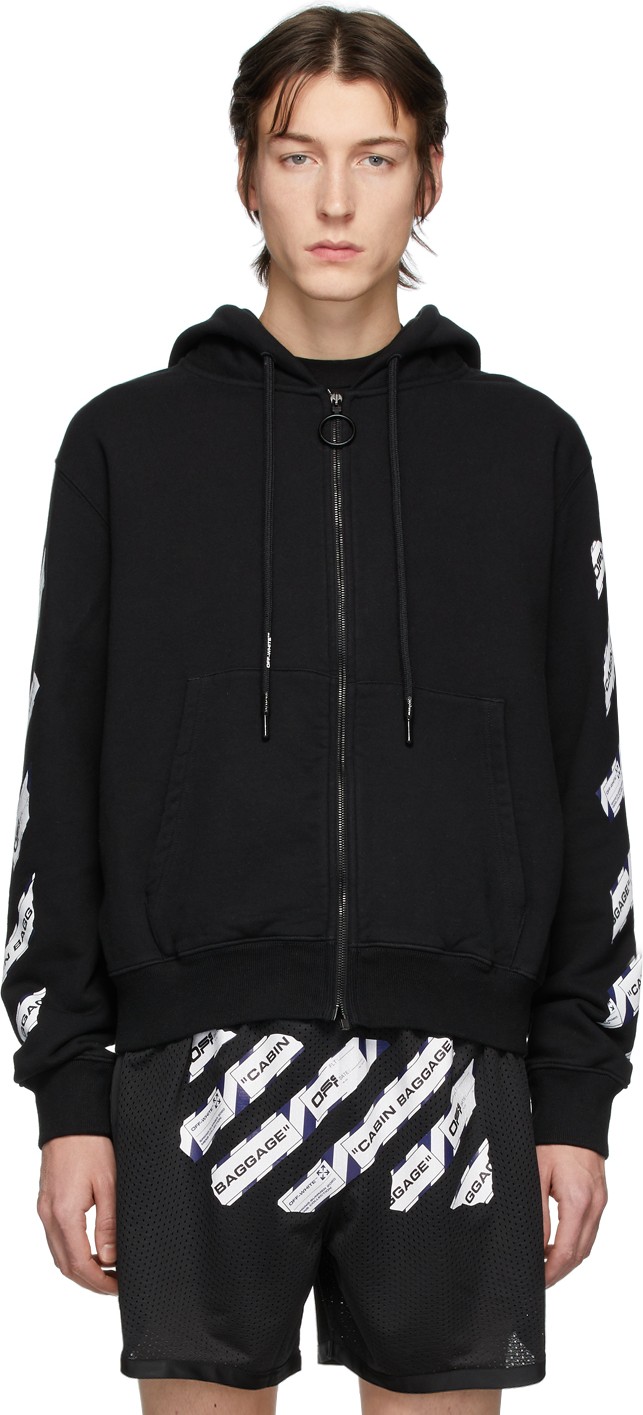 Off White Black Airport Tape Zip hoodie