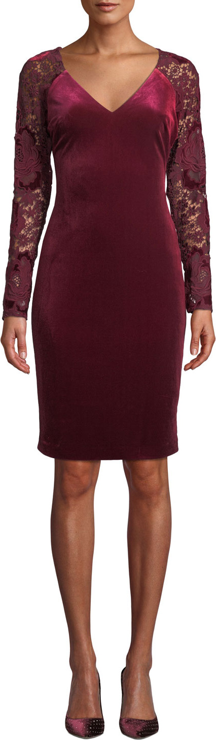 Badgley Mischka Lace Long-Sleeve & Velvet Dress