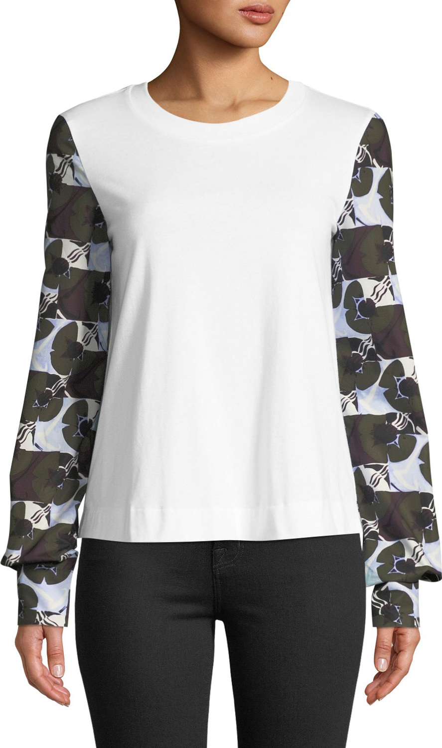 Marni Deco Floral-Print Long-Sleeve Crewneck Cotton Shirt