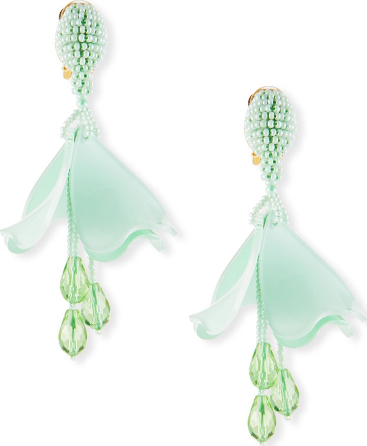 Oscar De La Renta Small Impatiens Flower Clip-On Drop Earrings  Green