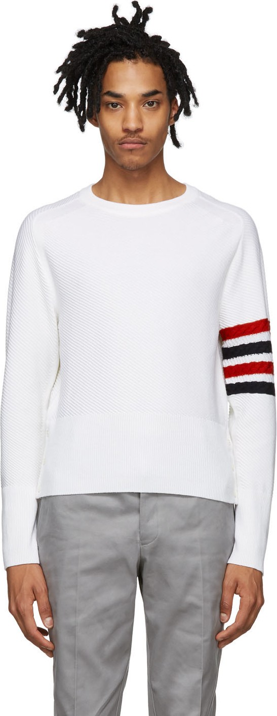 Thom Browne White Wool 4-Bar Crewneck Sweater