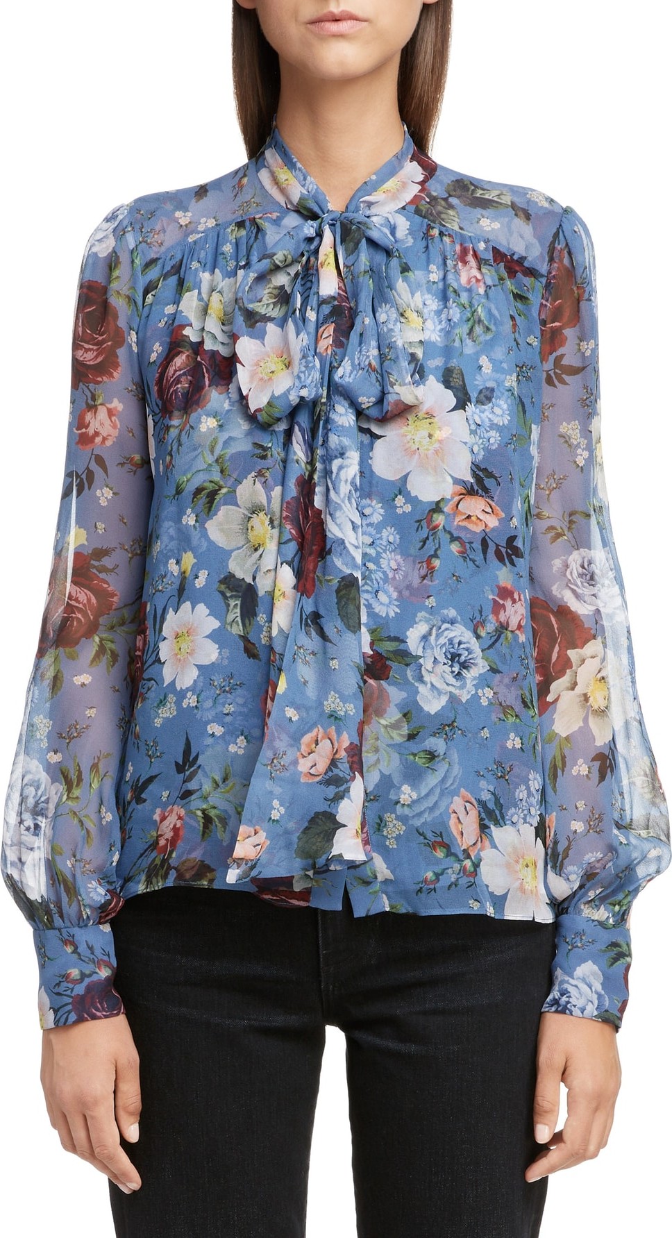 Erdem Floral Print Tie Neck Silk Voile Blouse