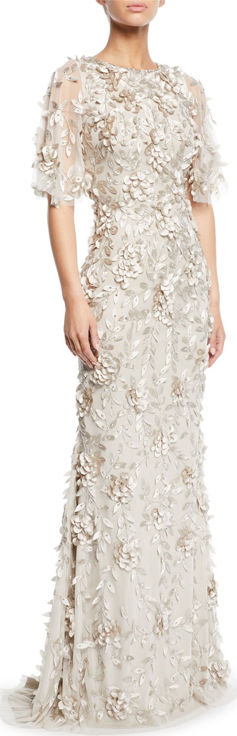 Theia Flutter-Sleeve Mermaid Gown with 3D Petals