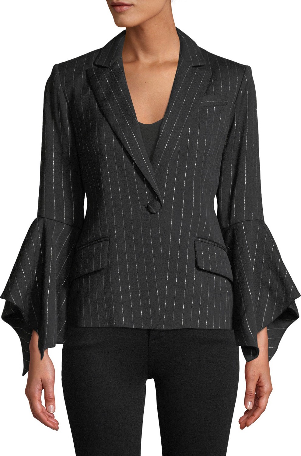MILLY Metallic Pinstripe Bell-Sleeve Blazer Jacket
