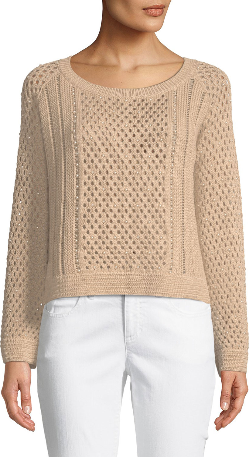 Jonathan Simkhai Long-Sleeve Pearlescent Crochet Pullover Sweater