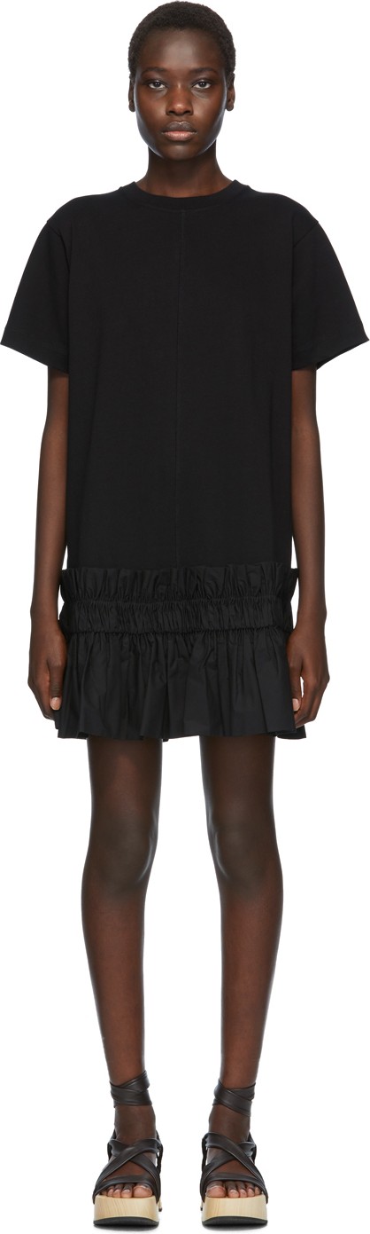 See By Chloé Black Pleated Hem T-Shirt Dress
