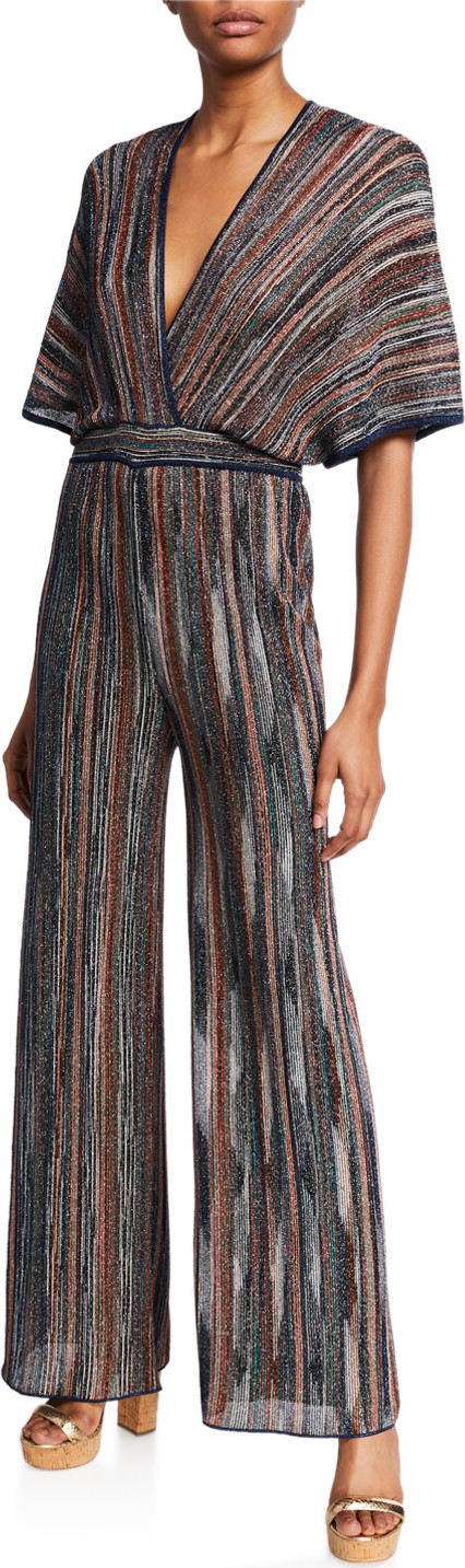 M Missoni Metallic Multicolor Dolman-Sleeve Wide-Leg Jumpsuit