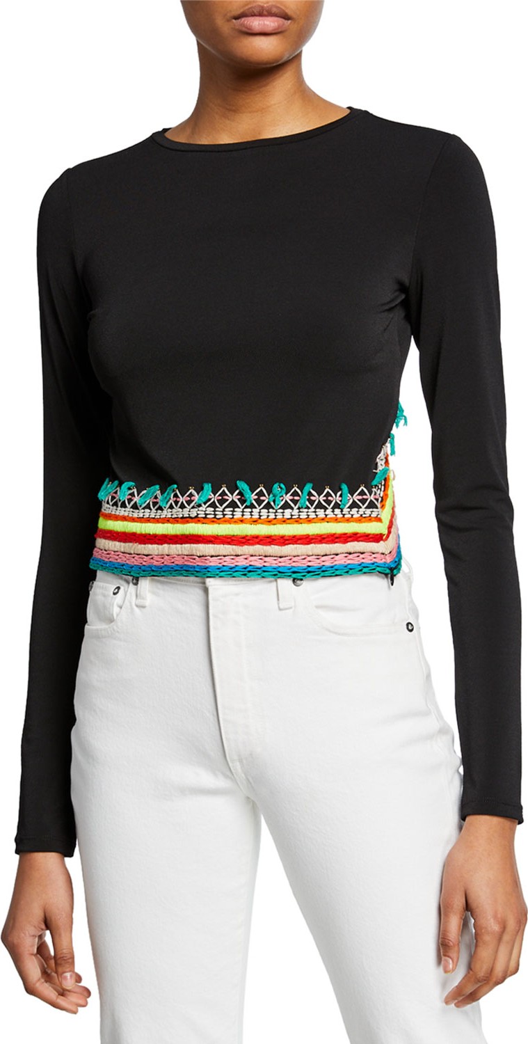 Alice + Olivia Delaina Embroidered Long-Sleeve Crop Top
