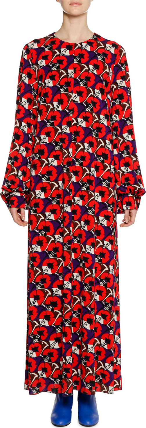 Marni Long-Sleeve Floral-Deco Print  Ankle-Length Dress