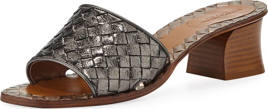 Bottega Veneta Intrecciato Metallic Leather 40mm Slide Sandals