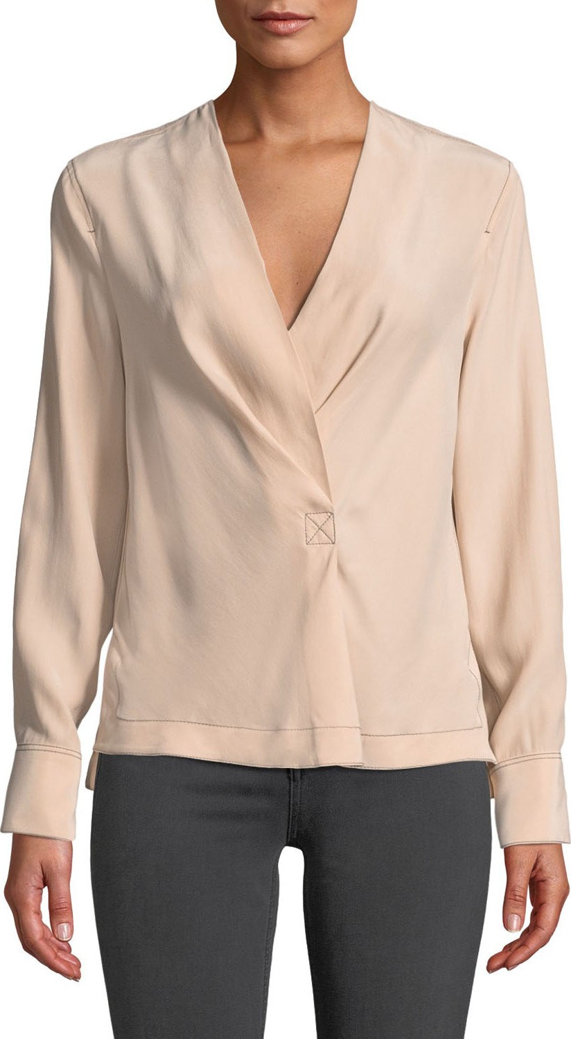 Rag & Bone Shields Silk Drape-Front Long-Sleeve Blouse