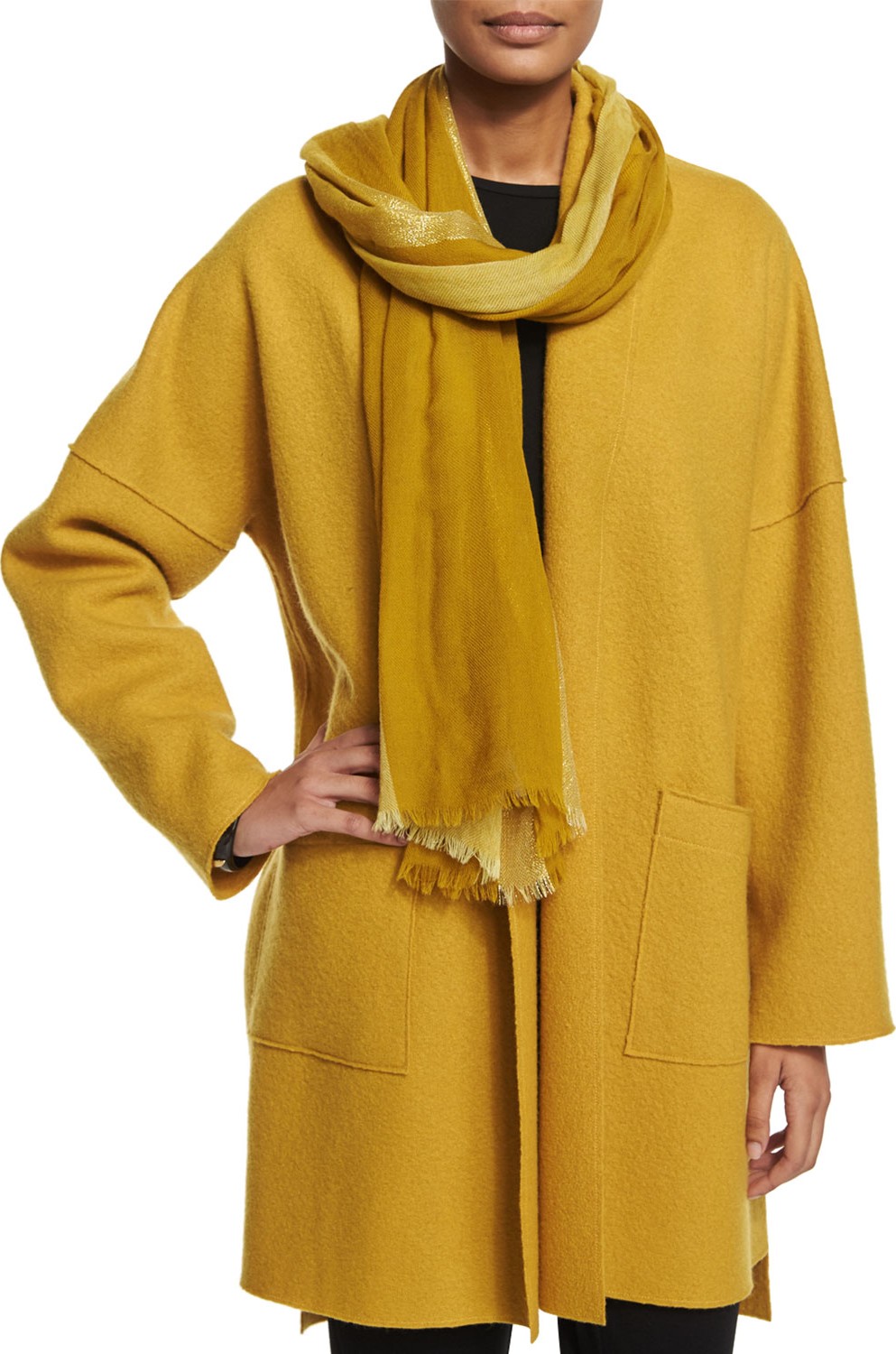 Eileen Fisher Metallic-Border Striped Modal Scarf, Coffee