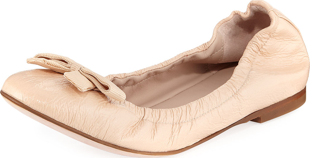 Stuart Weitzman Raven Crinkled Patent Bow-Toe Ballet Flat