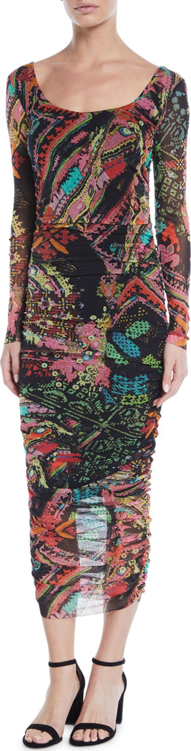 Fuzzi Ruched-Skirt Long-Sleeve Collage Dress