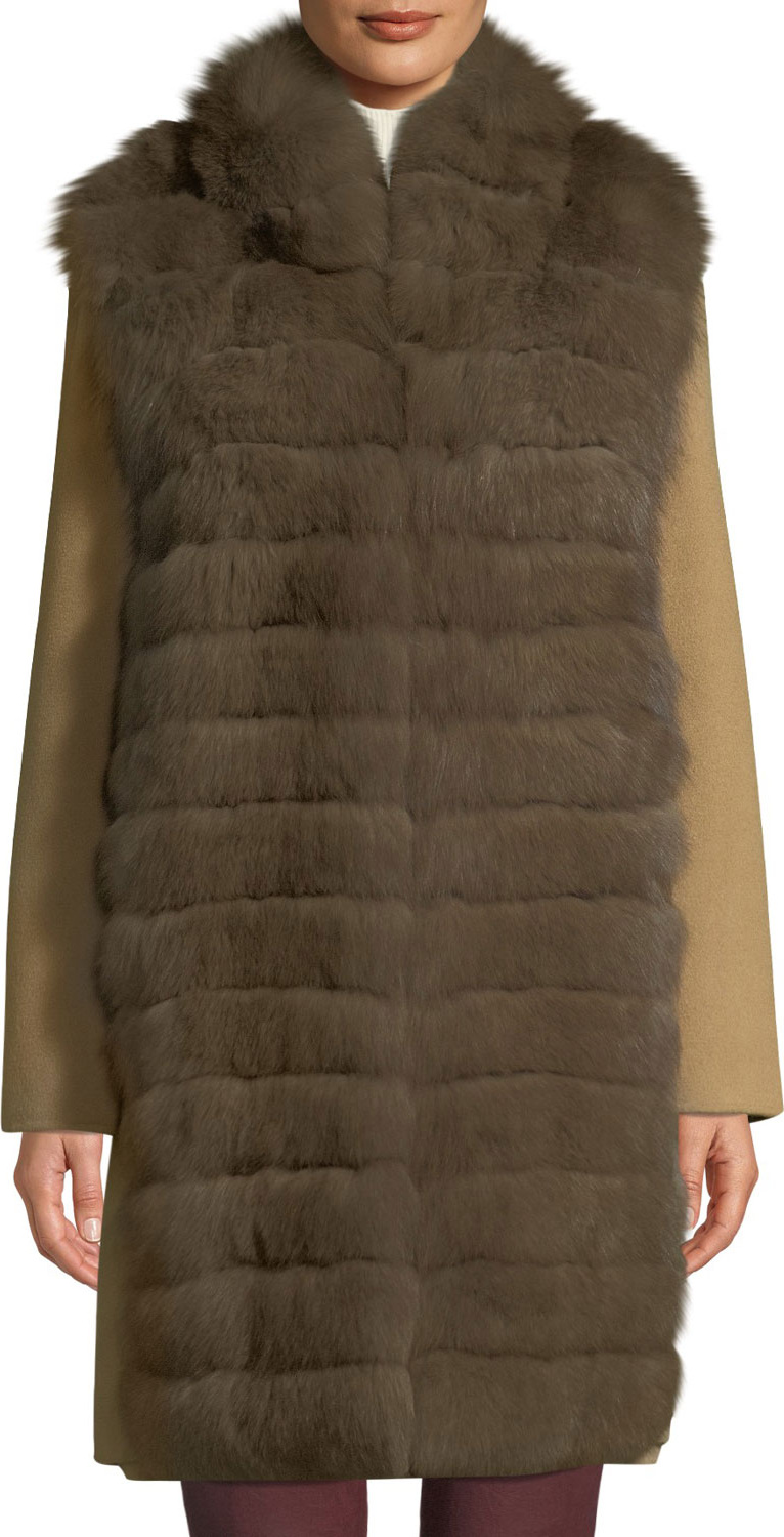 Belle Fare Lightweight Cashmere Coat with Detachable Fur-Front Vest