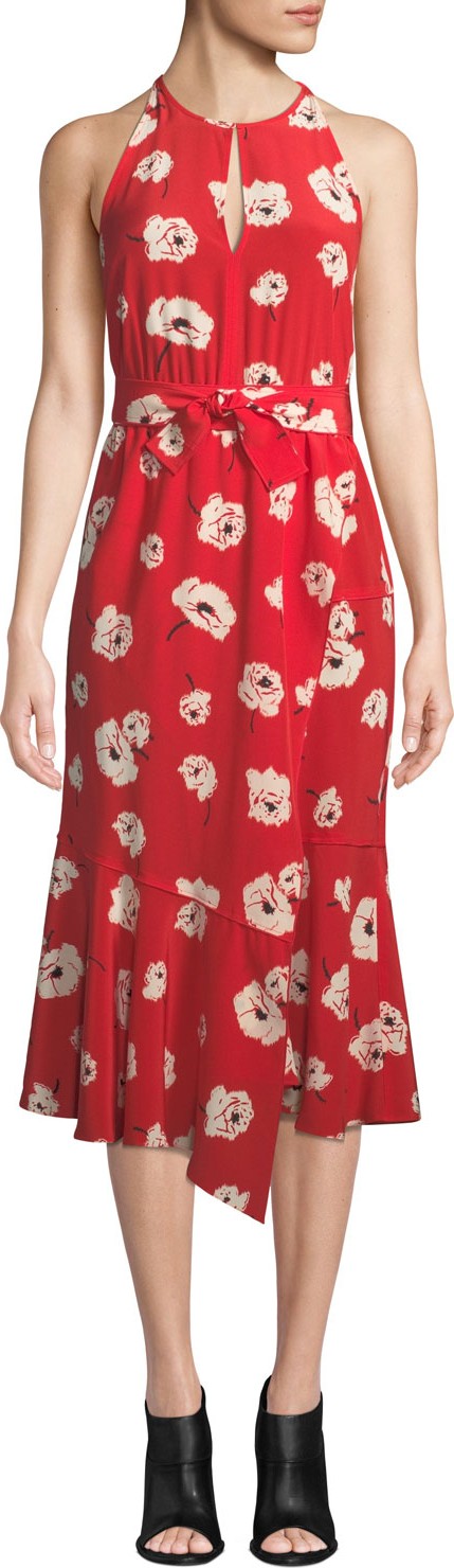 Derek Lam 10 Crosby Floral-Print Belted Halter Dress with Asymmetric Hem