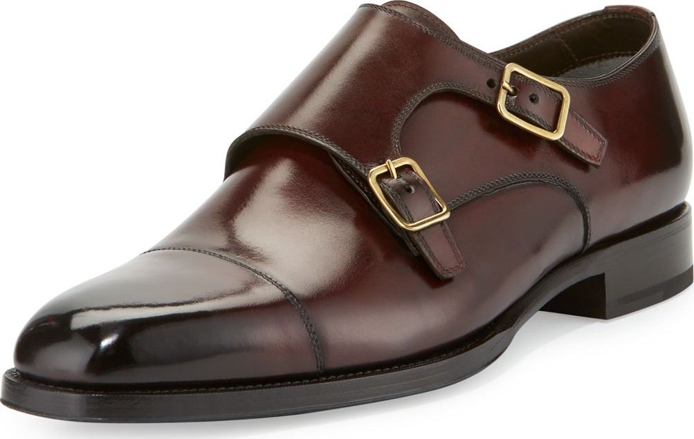 TOM FORD Wessex Double-Monk Strap Leather Loafer, Burgundy