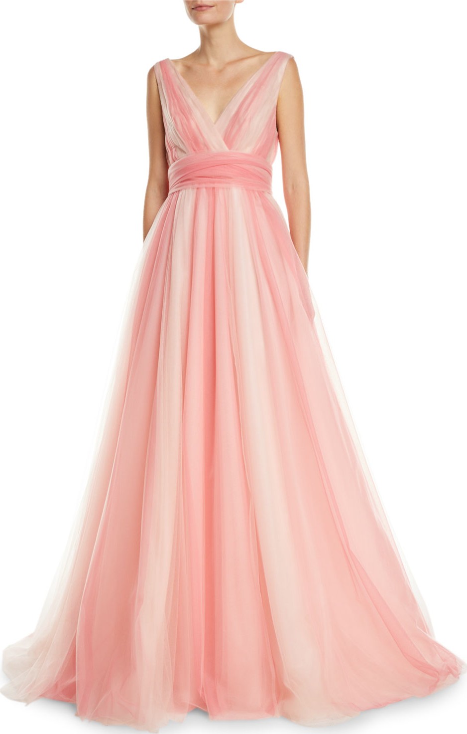 Carolina Herrera V-Neck Belted Ombre-Tulle A-Line Gown
