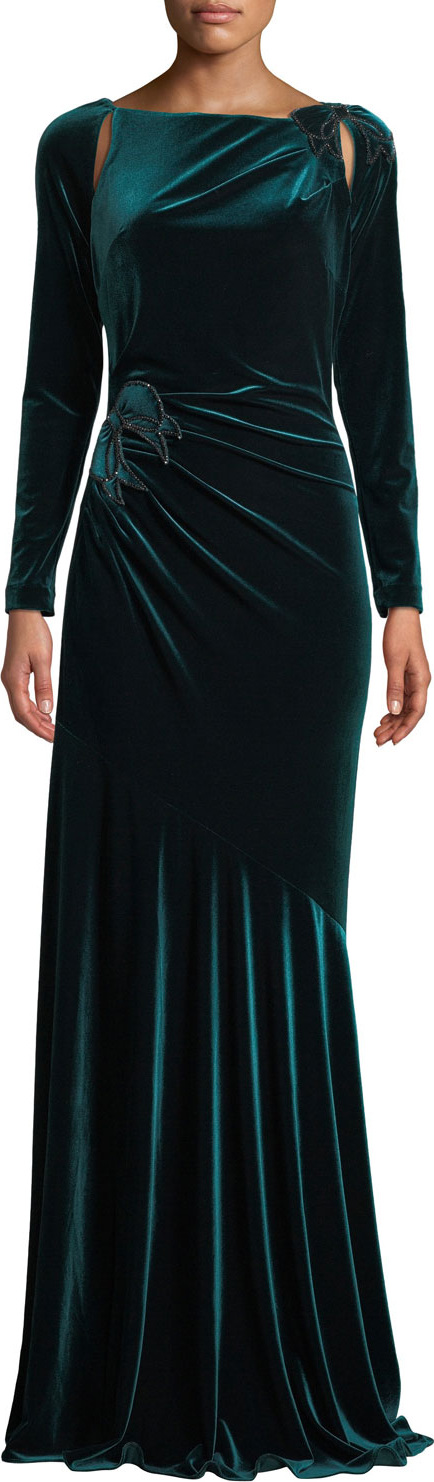 Rickie Freeman for Teri Jon Long-Sleeve Velvet Draped Bow Gown