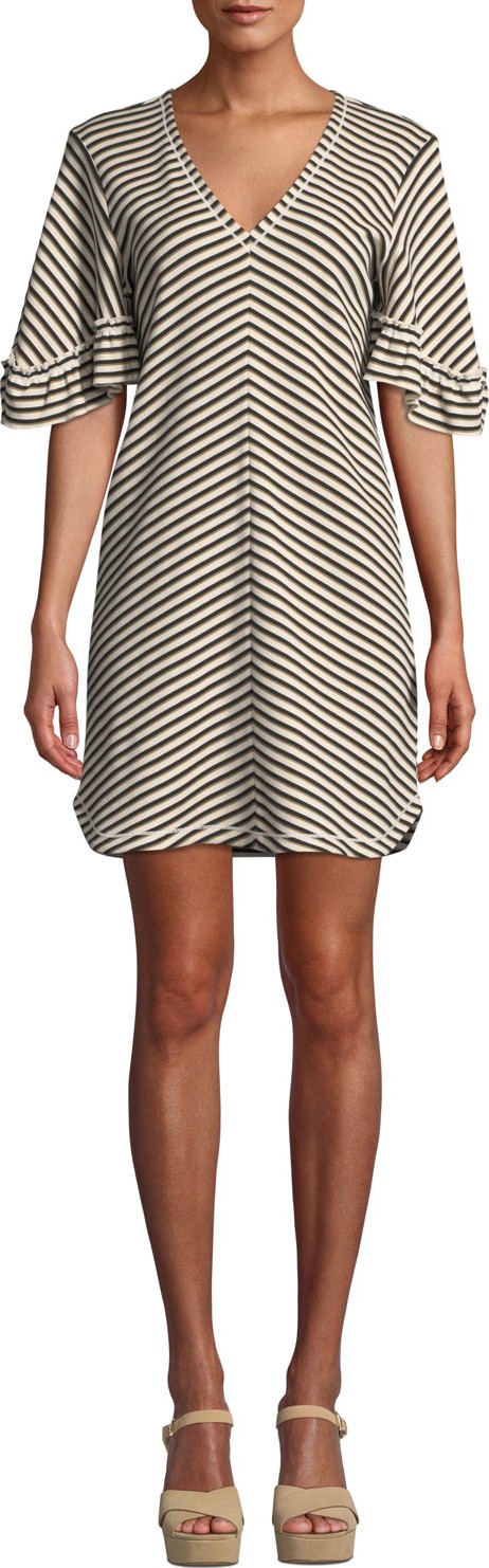 See By Chloé Striped Flutter-Sleeve V-Neck Short Dress