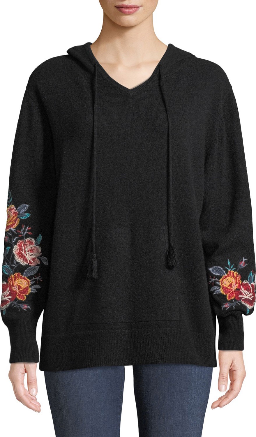Johnny Was Amira Cashmere Embroidered-Sleeve Hoodie
