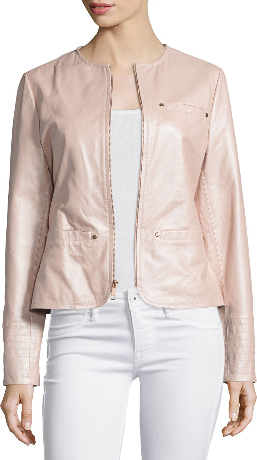 Neiman Marcus Pearlized Leather Jacket, Blush