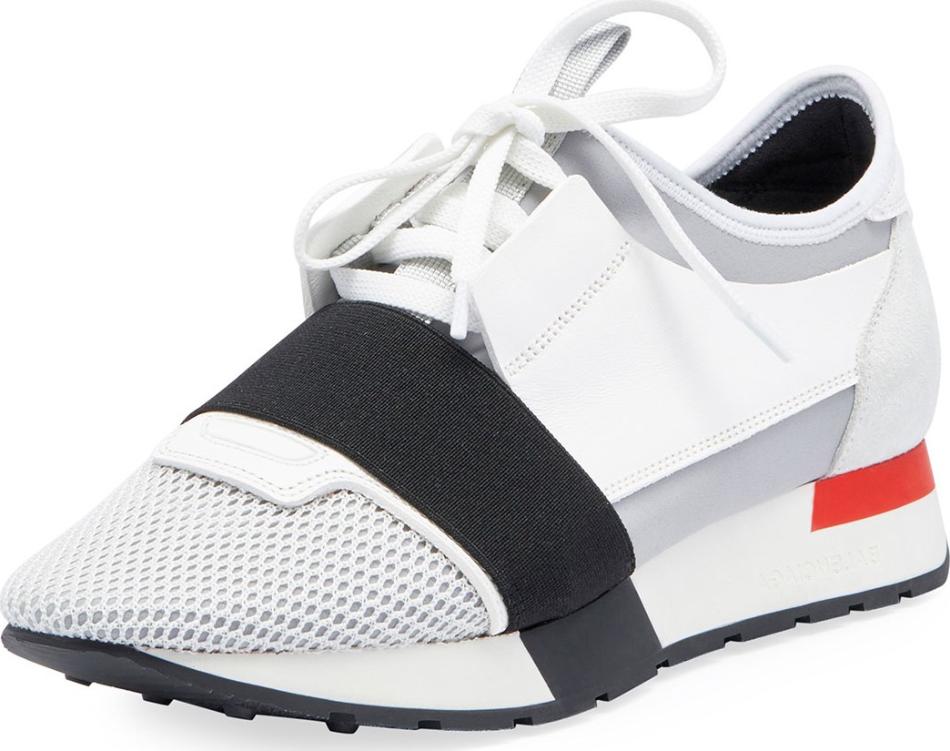 Balenciaga Mesh & Leather Sneakers, White/Black/Gray