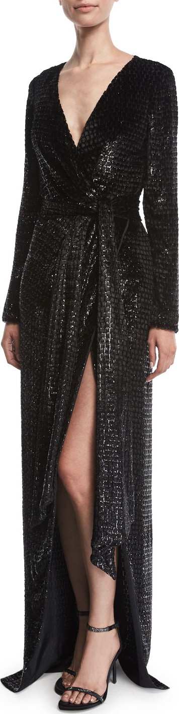 Brandon Maxwell Long-Sleeve V-Neck Shimmery Velvet Gown