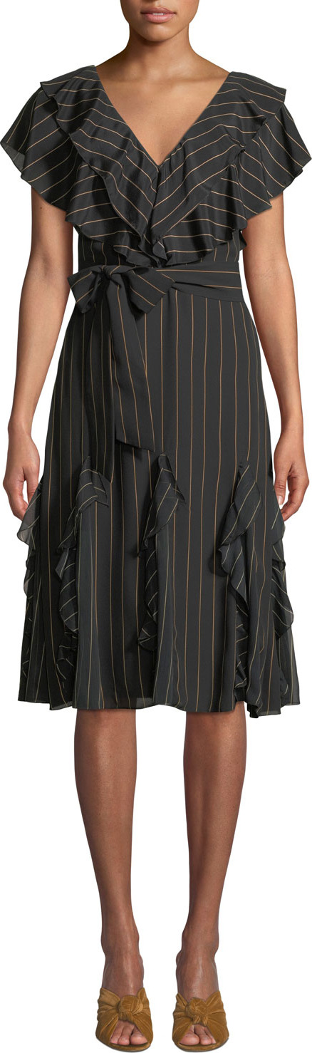 Alice + Olivia Tessa Striped Ruffle Godet Midi Dress