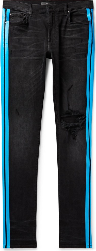 Amiri Broken Track Skinny-Fit Striped Distressed Stretch-Denim Jeans