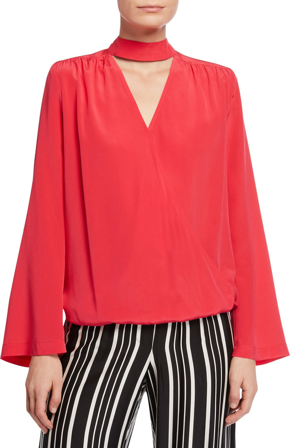 Trina Turk Fresco Mock-Neck Surplice Long-Sleeve Crepe de Chine Silk Blouse