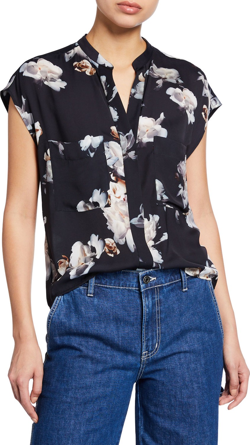 Vince Peony-Print Short-Sleeve Shell Top