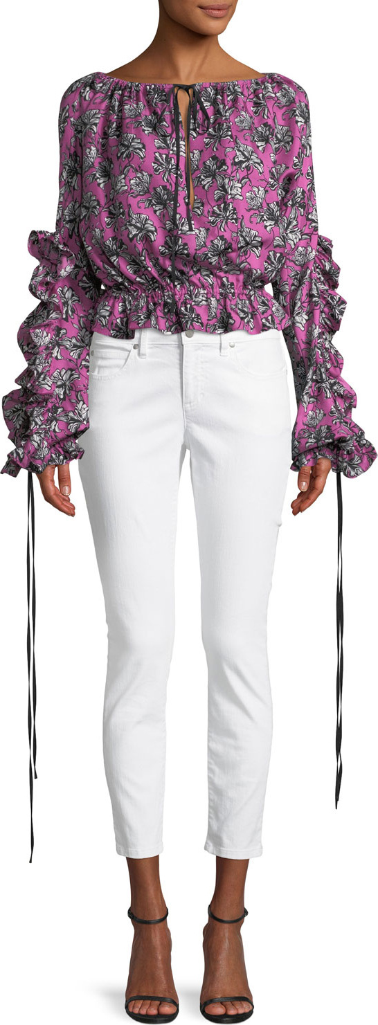 Robert Rodriguez Orchid-Print Ruffle Long-Sleeve Silk Blouse