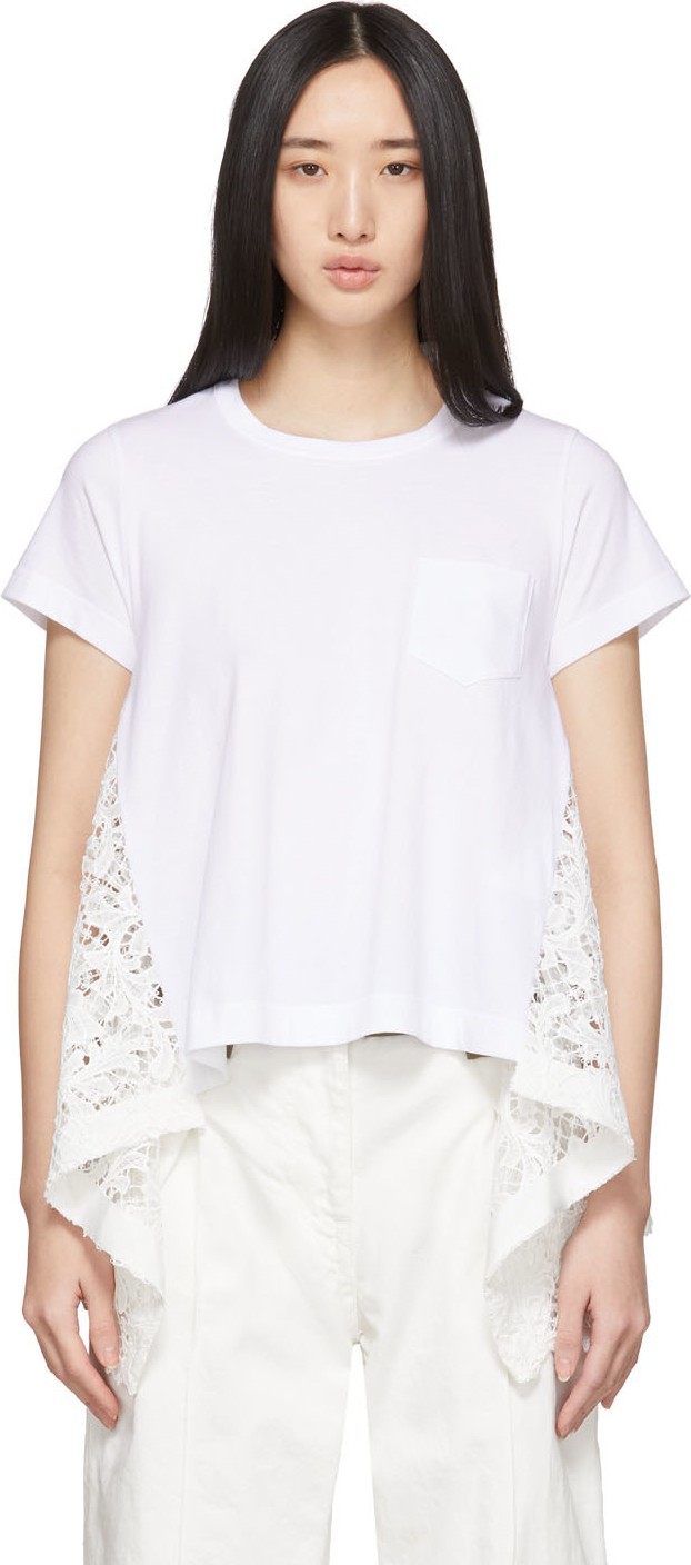 Sacai White Embroidered Lace Back T-Shirt