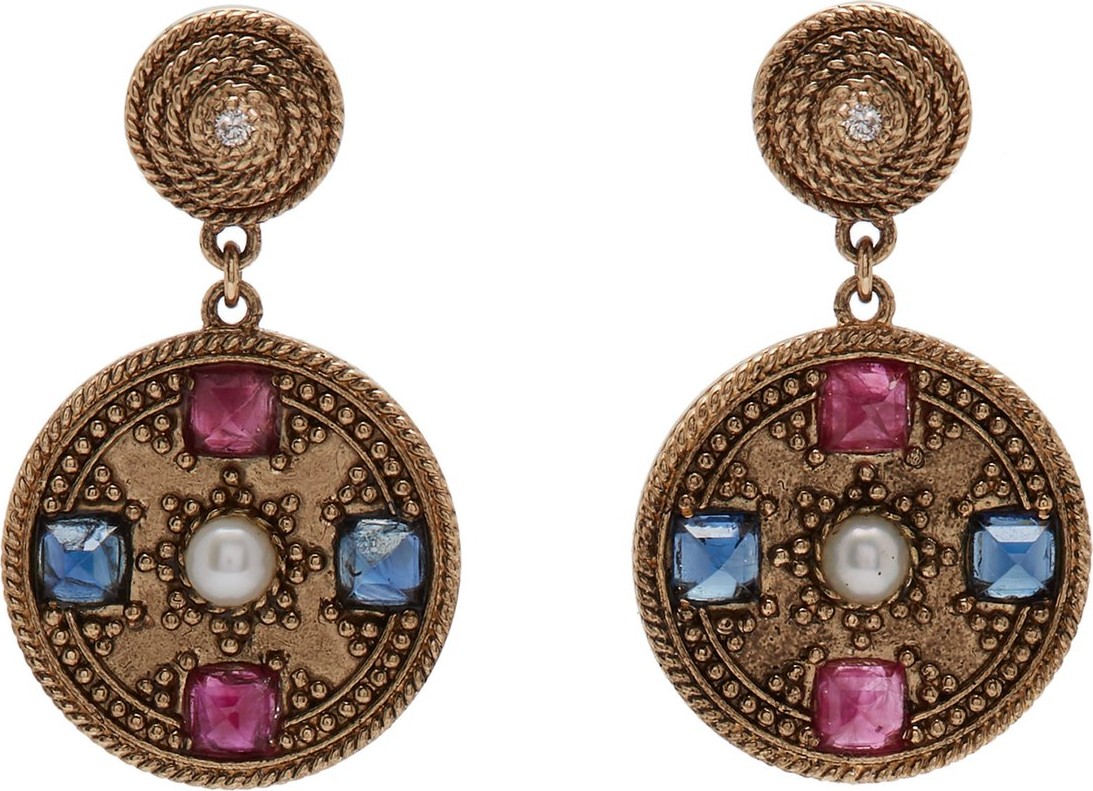 Jade Jagger Pearl & ruby 18kt gold star medallion earrings