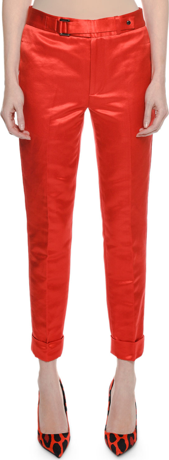 TOM FORD Slim Cotton-Silk Satin Pants w/ Cuff & Waistband Detail