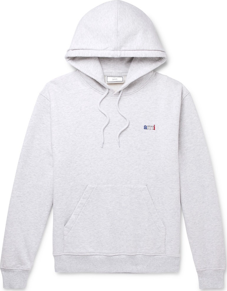 AMI Logo-Embroidered Mélange Loopback Cotton-Jersey Hoodie AMI Logo-Embroidered Mélange Loopback Cotton-Jersey Hoodie