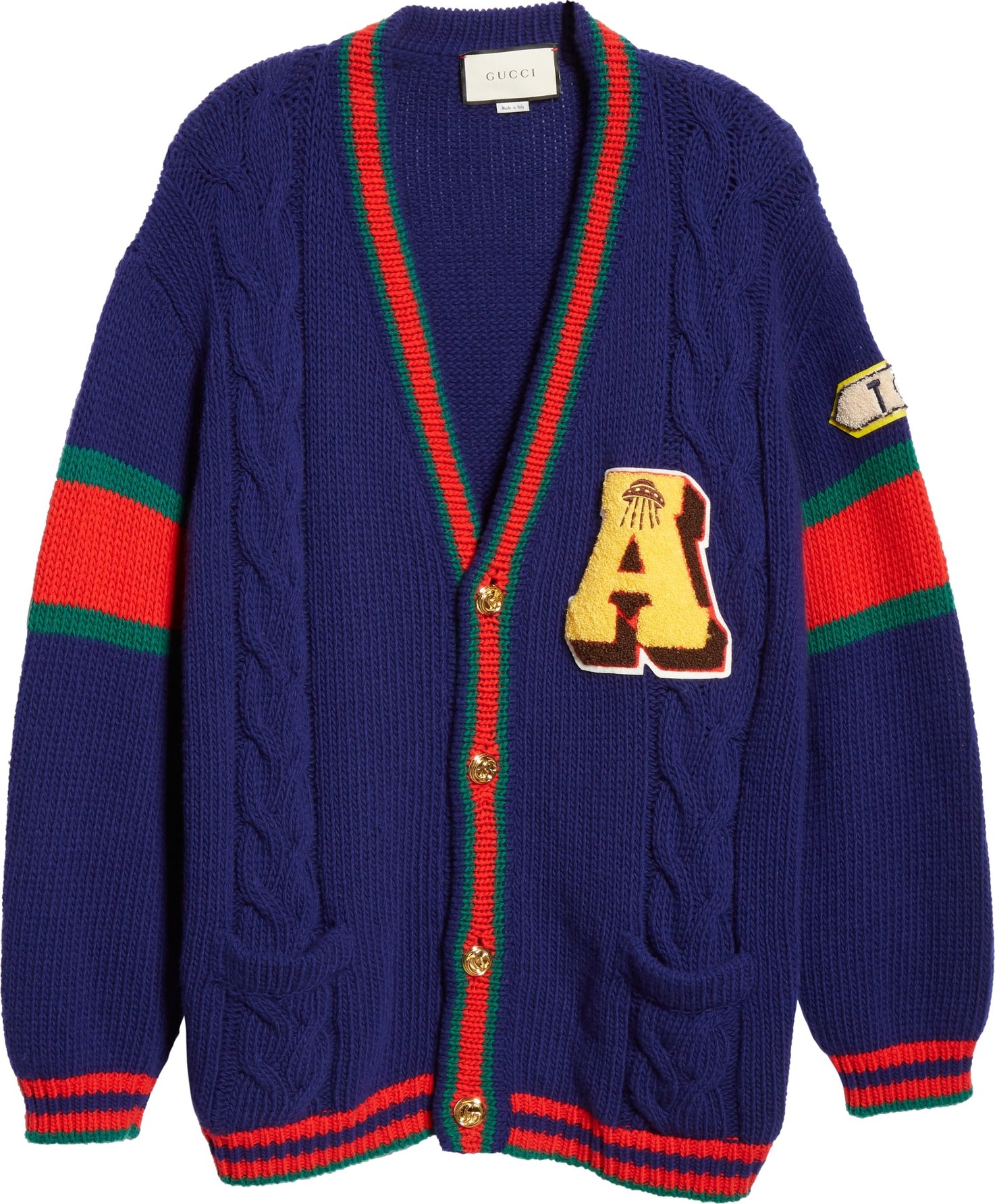 Gucci Wool Cable Knit Varsity Cardigan