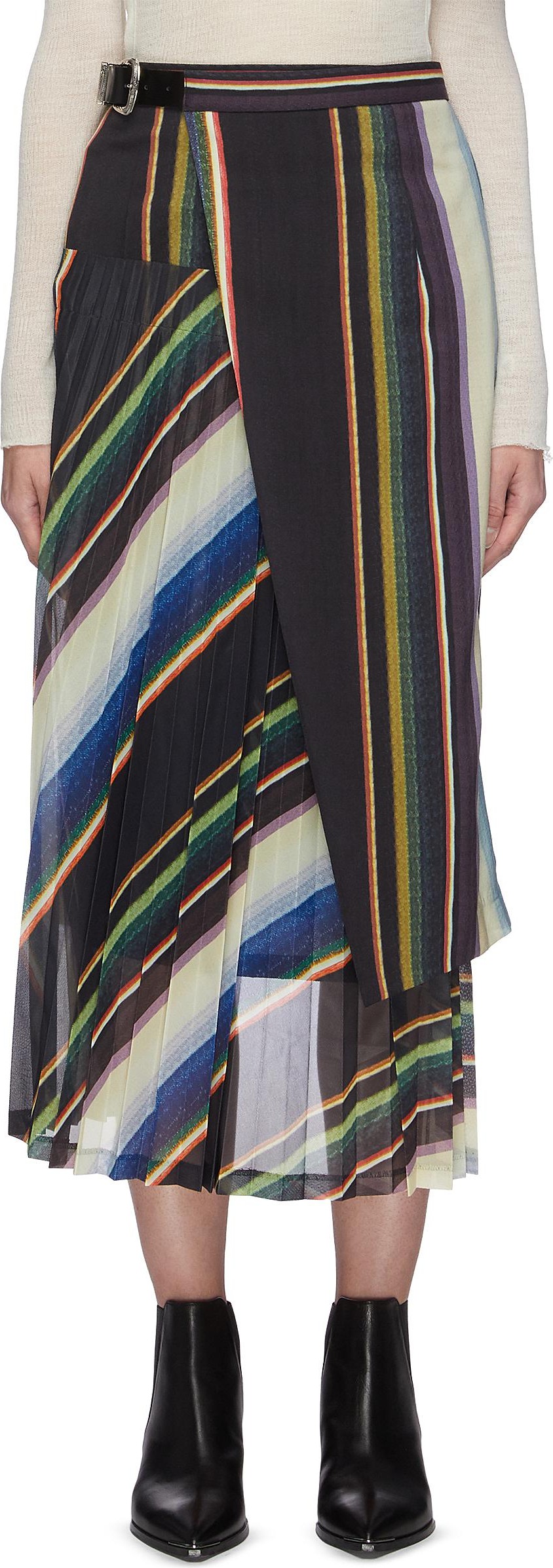 Toga Panelled pleated stripe wool midi skirt