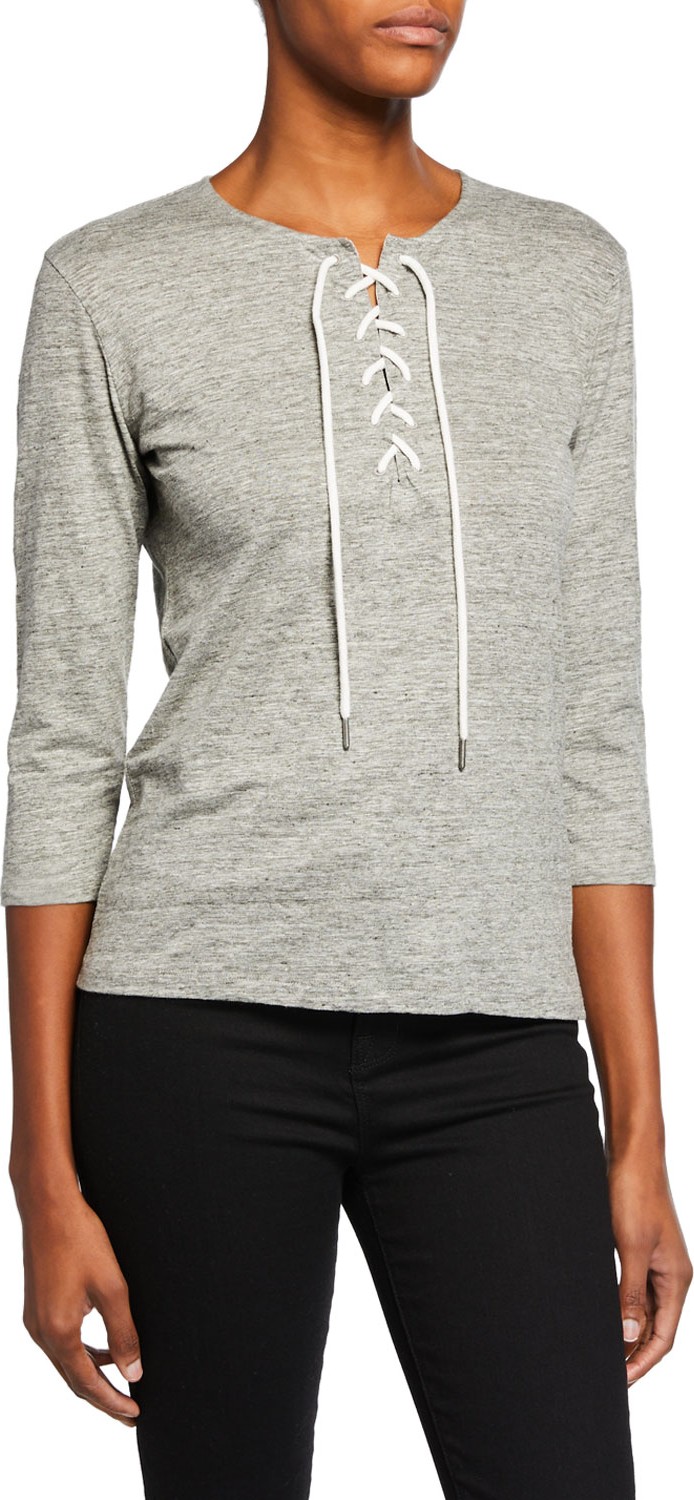 Majestic Linen-Blend Lace-Up 3/4-Sleeve Top