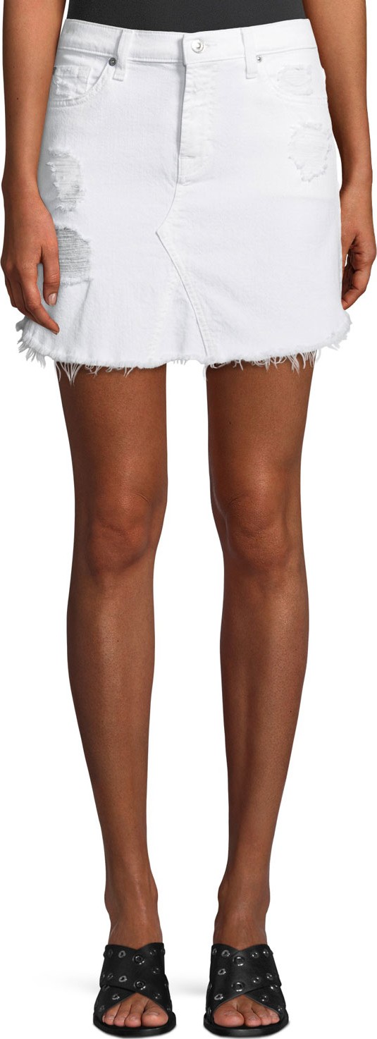 7 For All Mankind Destroyed Denim Scalloped-Hem Skirt