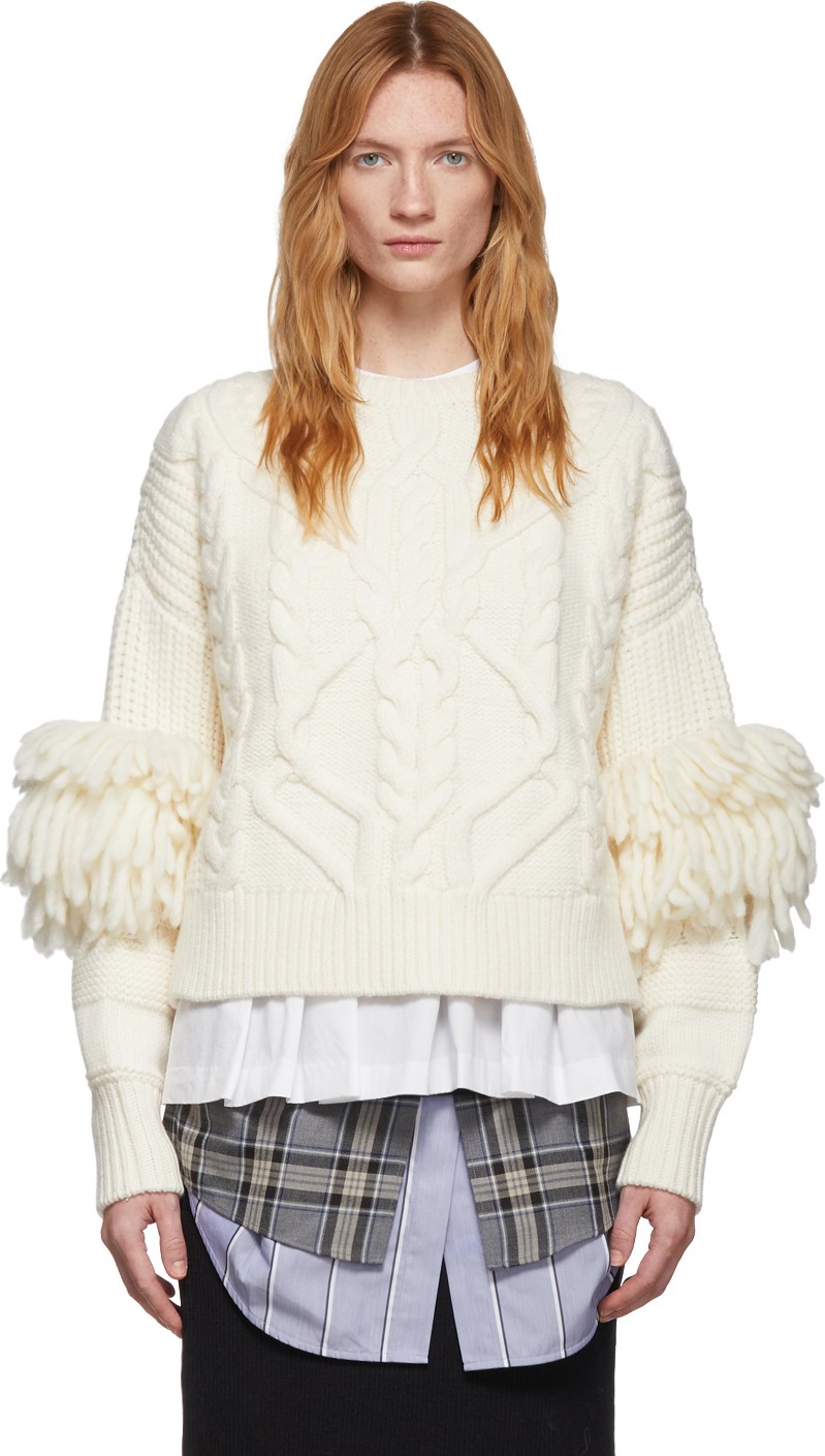 Enfold Off-White Cable Fringe Sweater