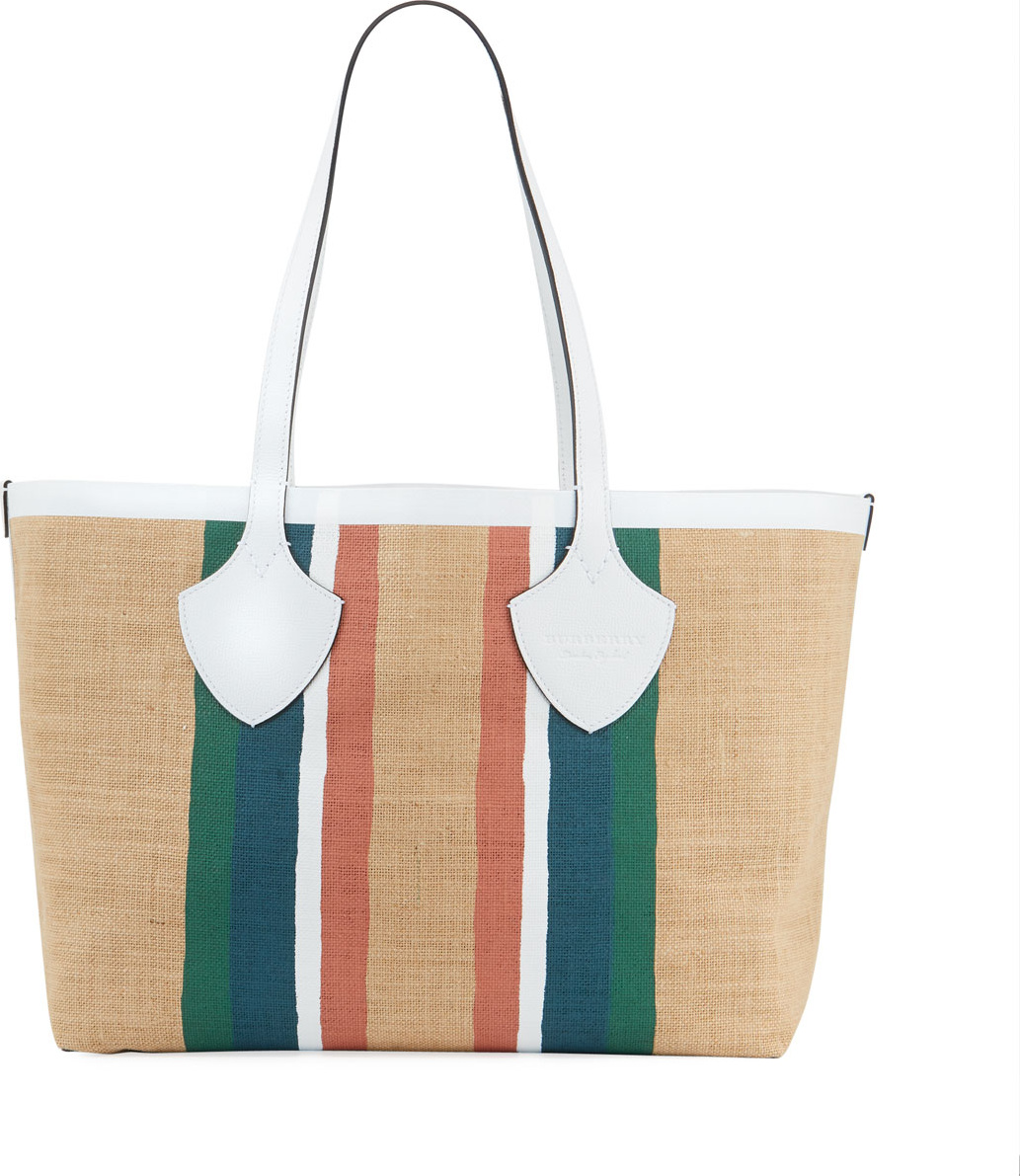 Burberry London England Jute Medium Striped Tote Bag